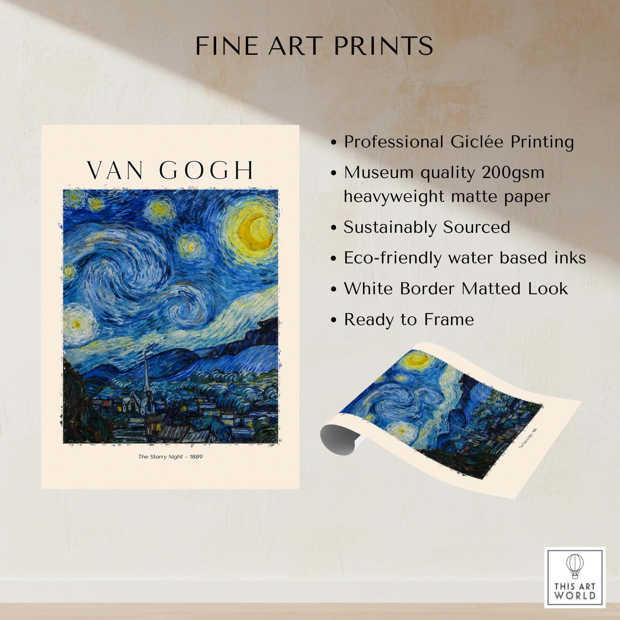 Starry Night Print:  Vincent van Gogh Poster showcasing professional Giclée printing on heavyweight matte paper.