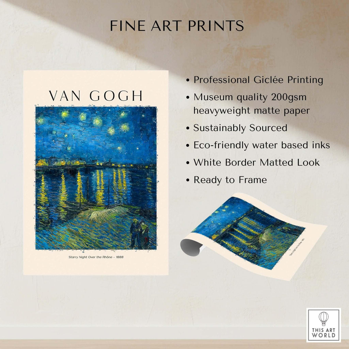 Vincent van Gogh Starry Night Over the Rhône 1888 Post Impressionist Landscape Poster Print showcasing fine art print details.