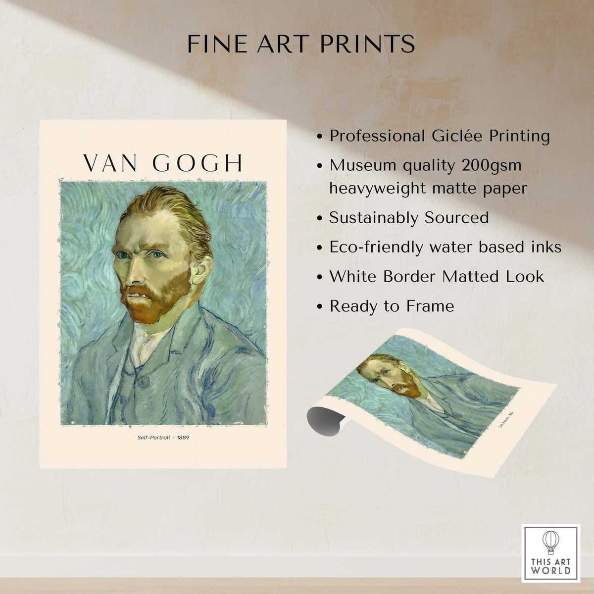 Vincent van Gogh Self Portrait 1889 Blue Post Impressionist Art Print Poster Wall Art features artist's intense gaze.