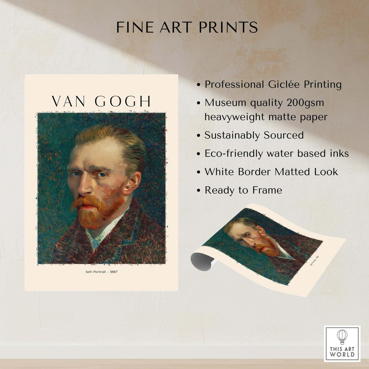 Vincent van Gogh Self Portrait 1887 Post Impressionist Artist Poster Print Wall Art featuring vibrant colors and textured brushwork.