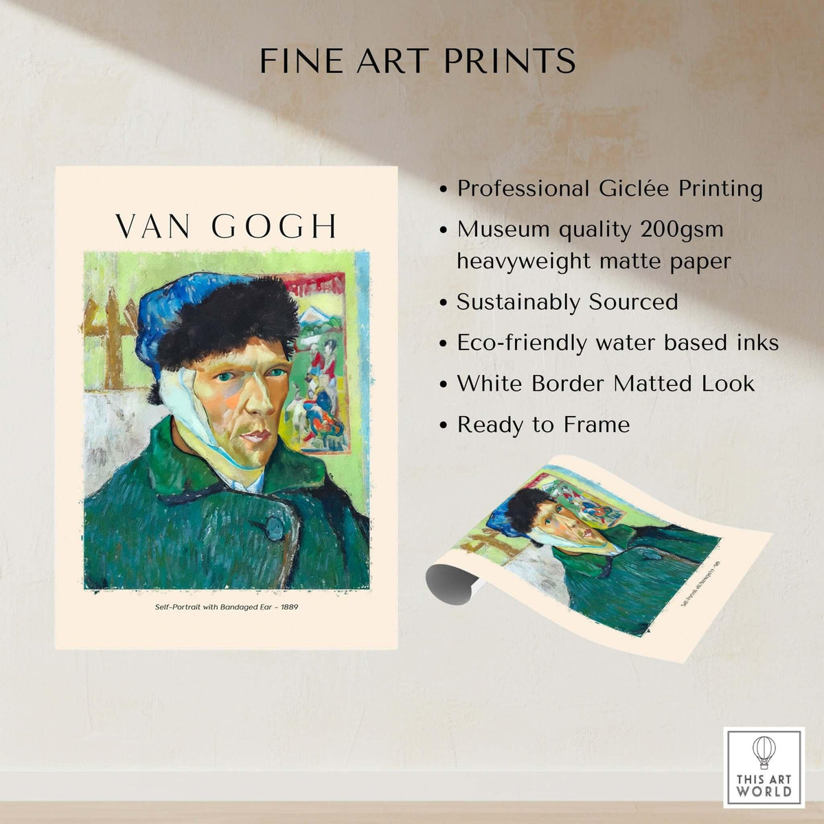 Vincent van Gogh Self Portrait Bandaged Ear 1889 Famous Art Print Poster Wall Decor showcased with details on quality and features.