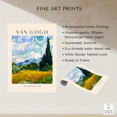 Vincent van Gogh Wheat Field with Cypresses 1889 Landscape Art Print Post Impressionist Poster displayed with features.