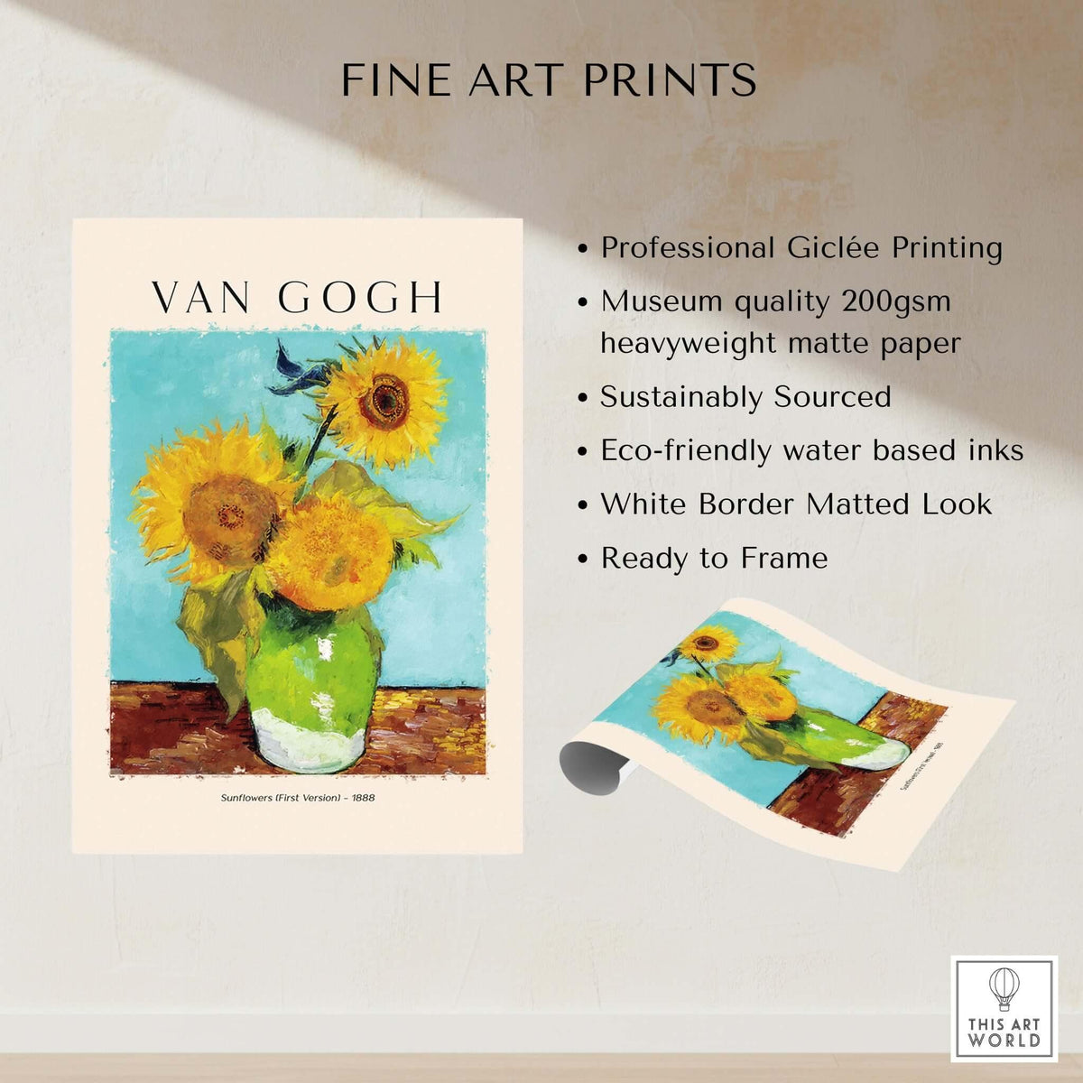 van Gogh Sunflowers Print - Sunflower Wall Art featuring vibrant yellow blooms in a green vase, art print details included.