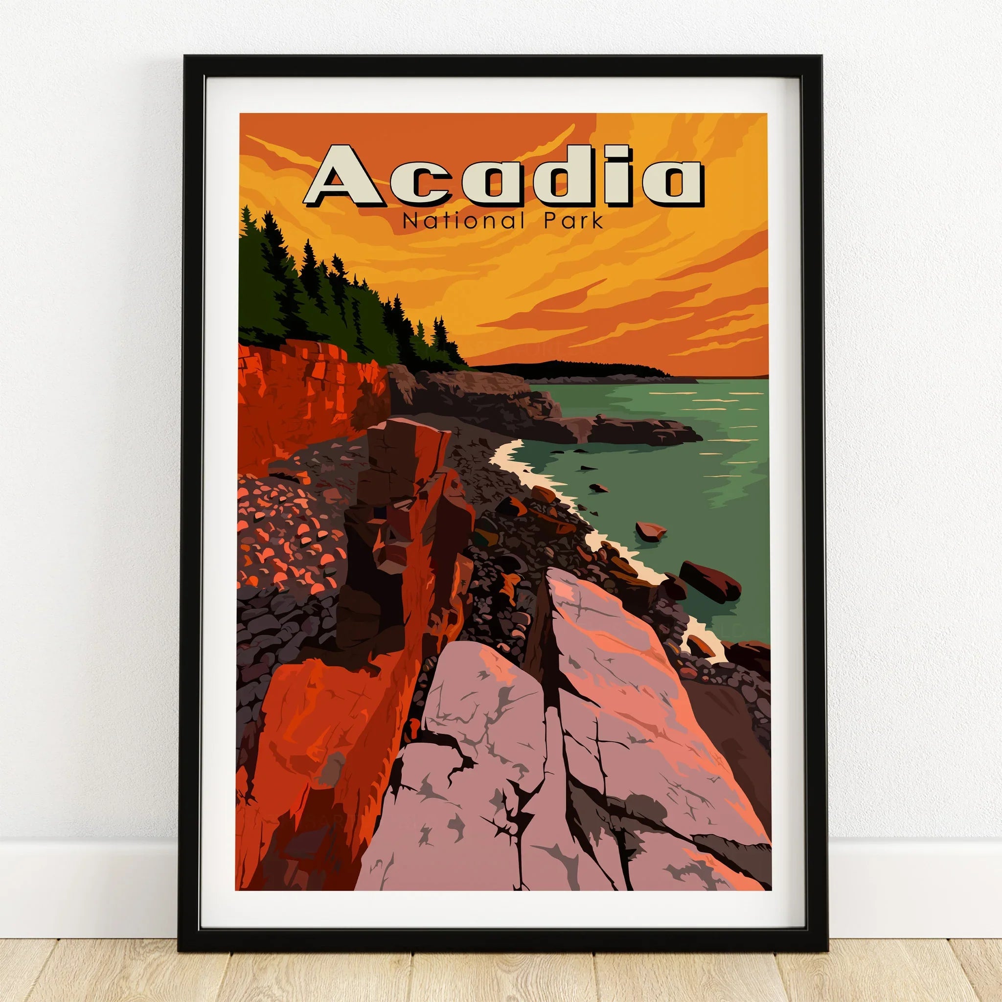 Acadia National Park art print in black frame, rocky coast and sunset, wall decor