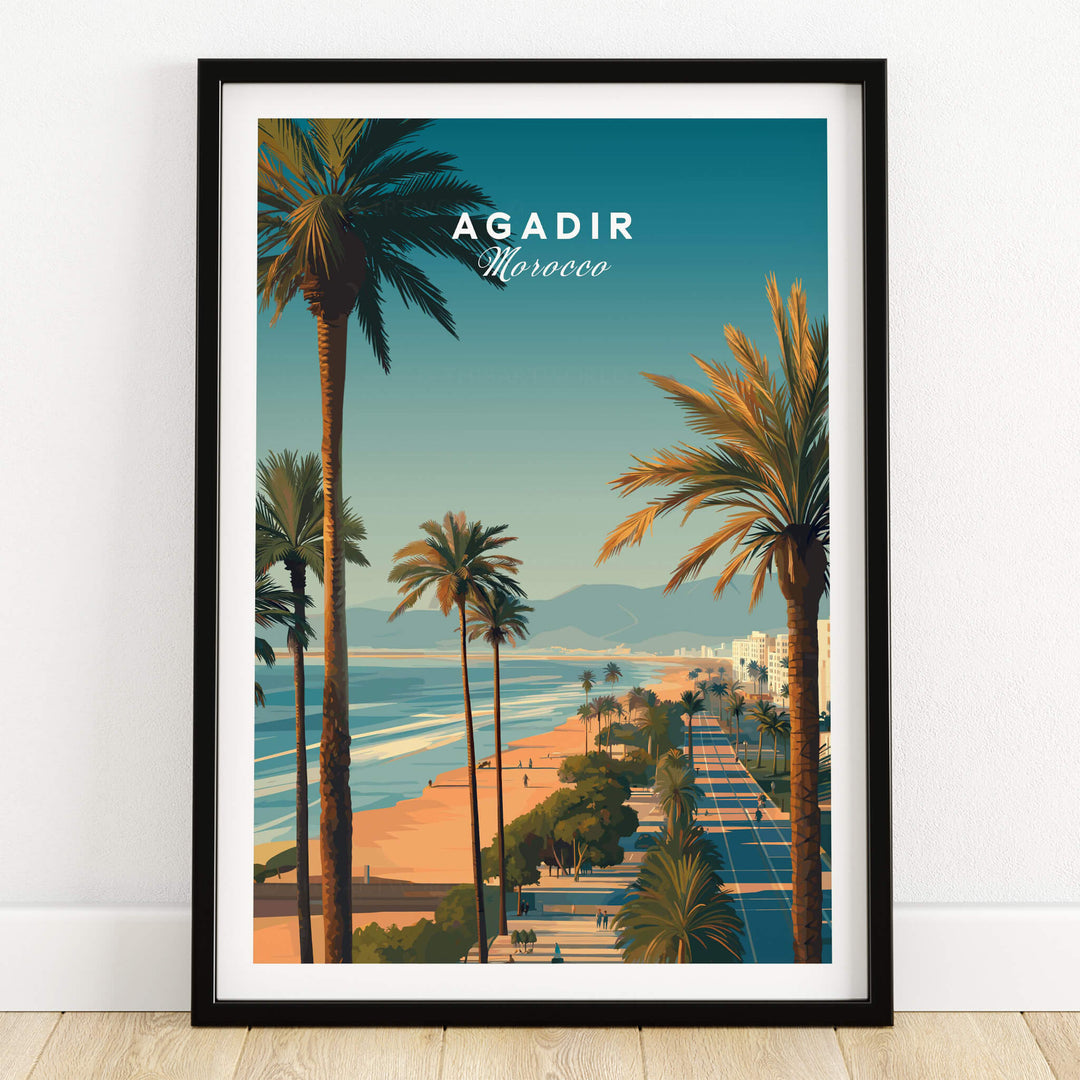 Agadir Travel Poster Print Morocco - Palm Trees showcasing palm-lined beach and Mediterranean scenery.