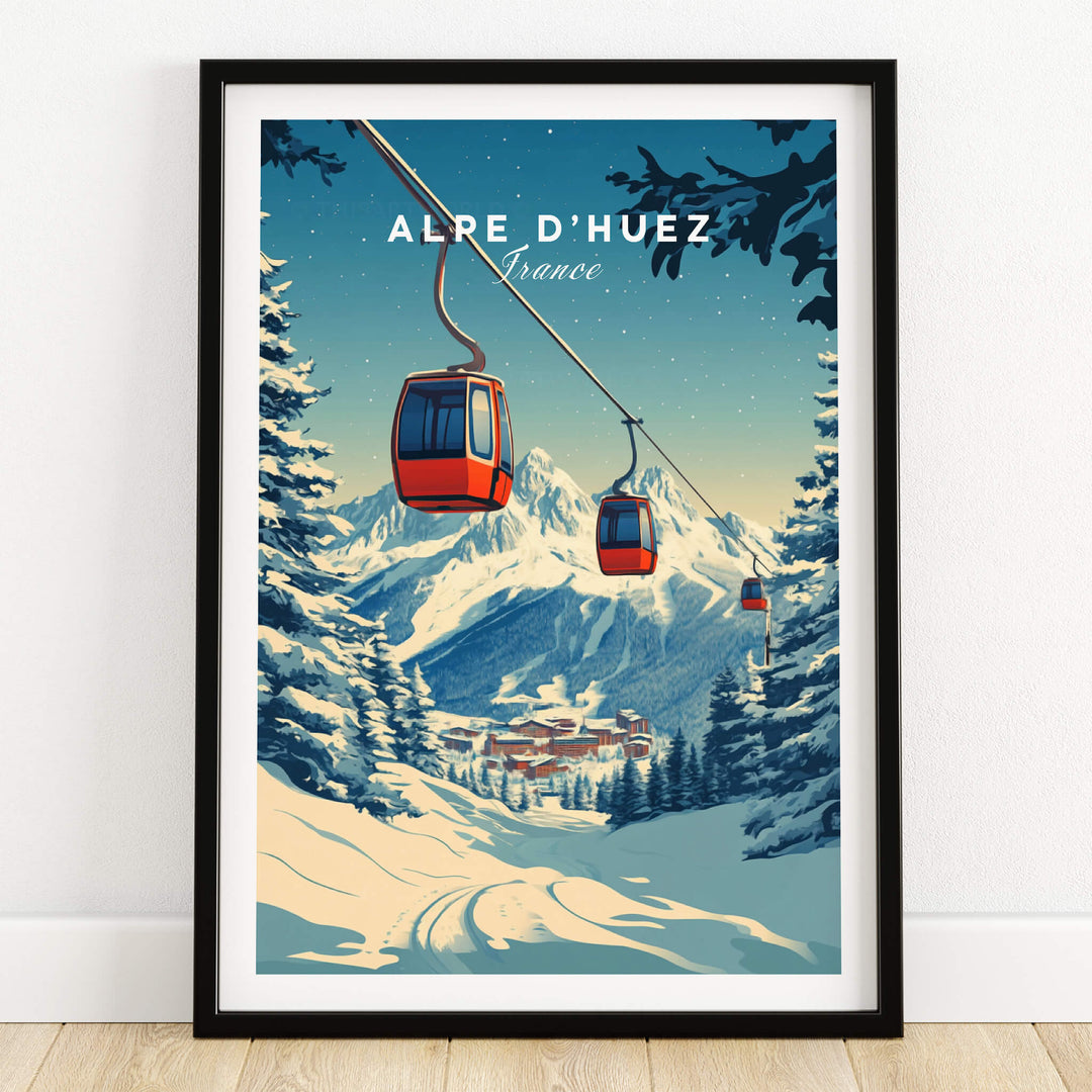 Alpe d'Huez Print France featuring a ski gondola in a scenic snowy mountain landscape.