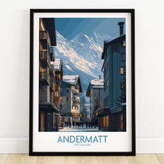 Andermatt Switzerland Wall Art Print showcasing a picturesque alpine village with dramatic mountains and traditional architecture.