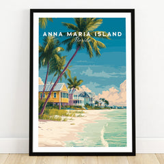 Anna Maria Island Florida art print in black frame, featuring beach houses, palm trees, and ocean view