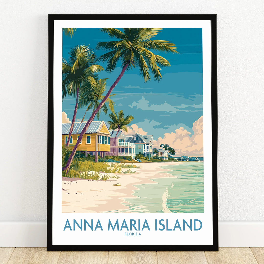 Anna Maria Island Florida art print with palm trees, colorful beach houses, and ocean view in black frame