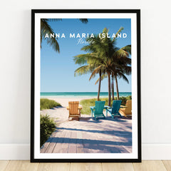 Anna Maria Island art print with palm trees, beach chairs, and ocean view in black frame