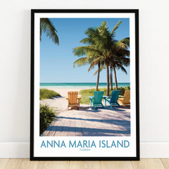 Anna Maria Island Florida art print in black frame with colorful beach chairs and palm trees on wooden floor