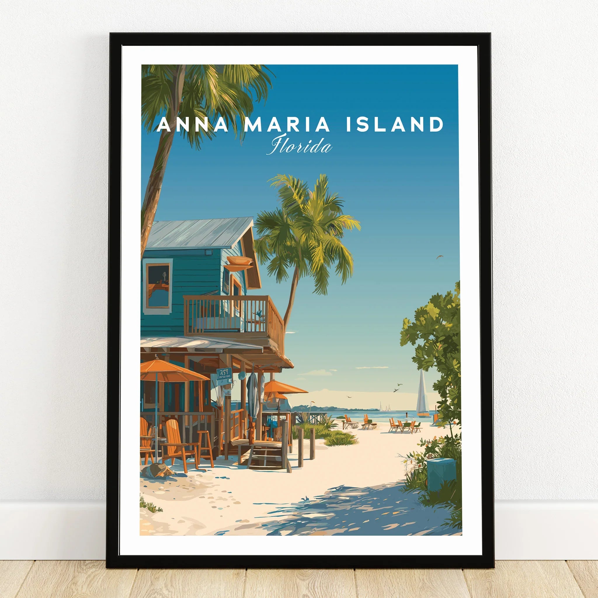 Anna Maria Island Florida art print in black frame, beach house, palm trees, coastal wall decor