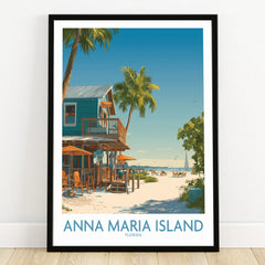 Anna Maria Island Florida art print in black frame on wood floor, featuring tropical beach scene with palm trees, beach house, and ocean view.