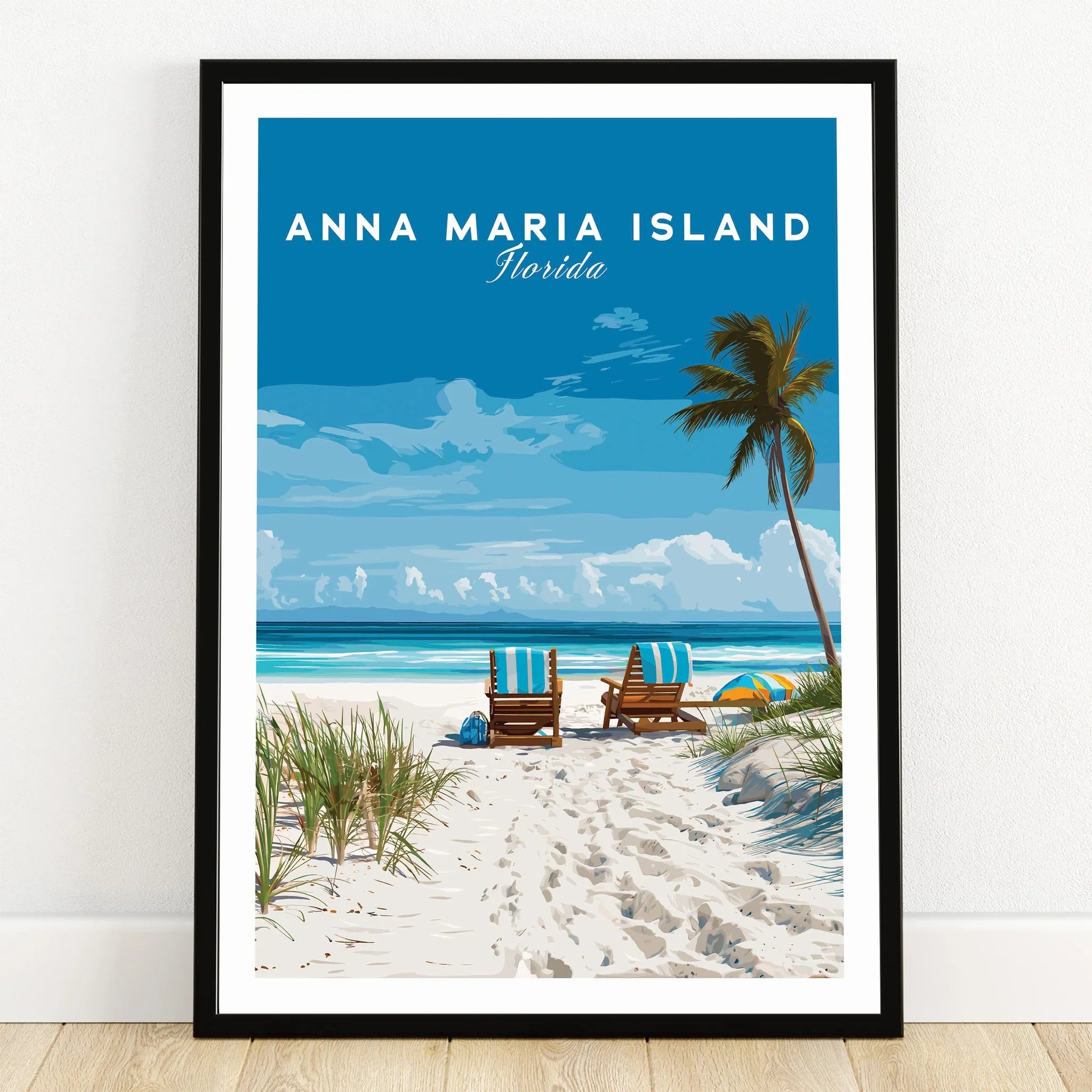 Anna Maria Island Florida art print with beach chairs, palm tree, ocean, and sandy path