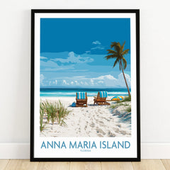 Anna Maria Island art print in black frame, beach scene with chairs, palm, and ocean view
