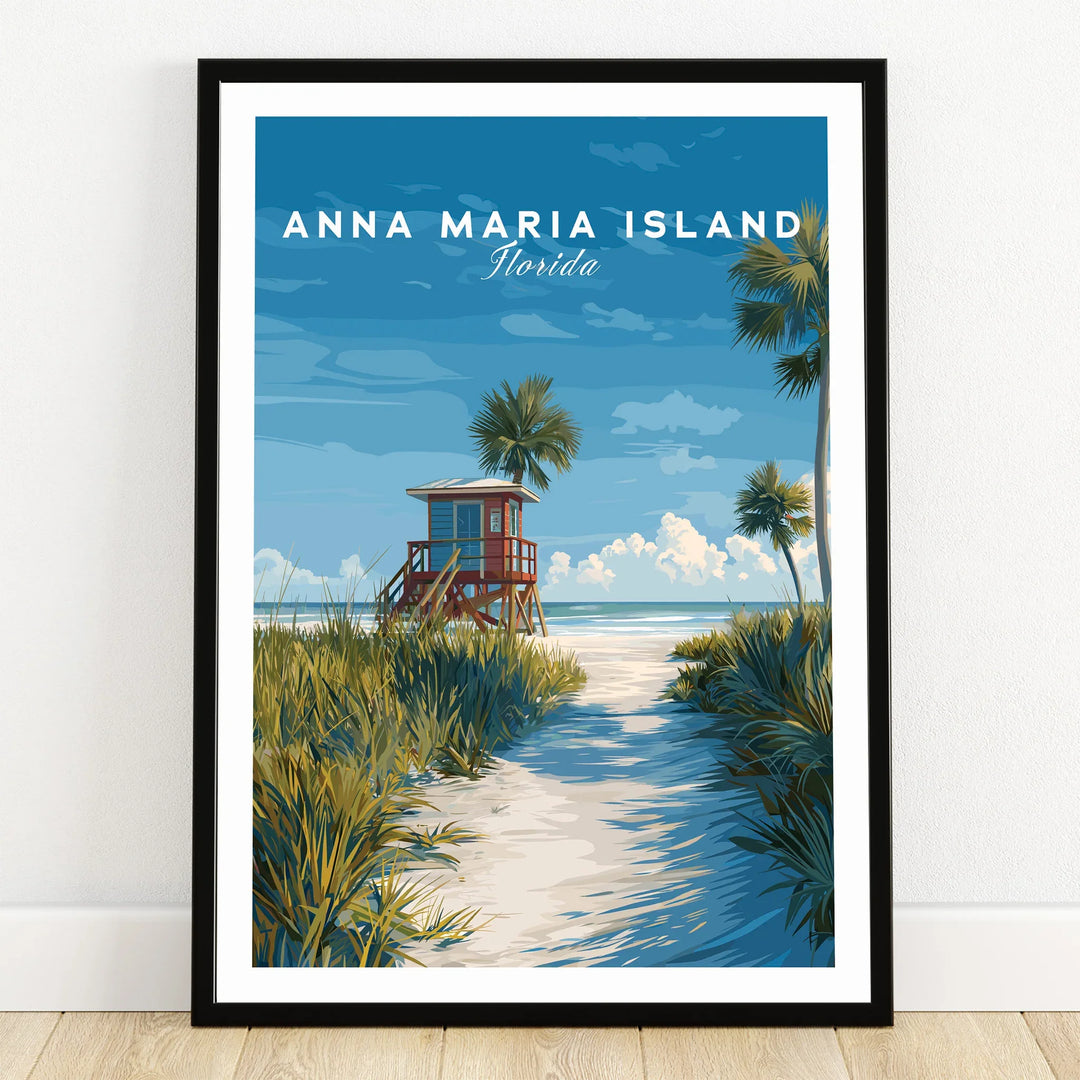 Anna Maria Island Florida art print in black frame, beach scene with lifeguard tower and palm trees