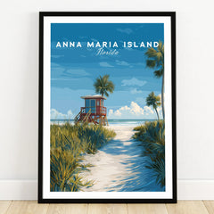 Anna Maria Island Florida art print in black frame, beach scene with lifeguard tower and palm trees