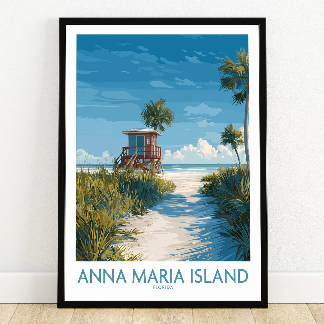 Anna Maria Island Florida art print with lifeguard tower, palm trees, and beach path in black frame