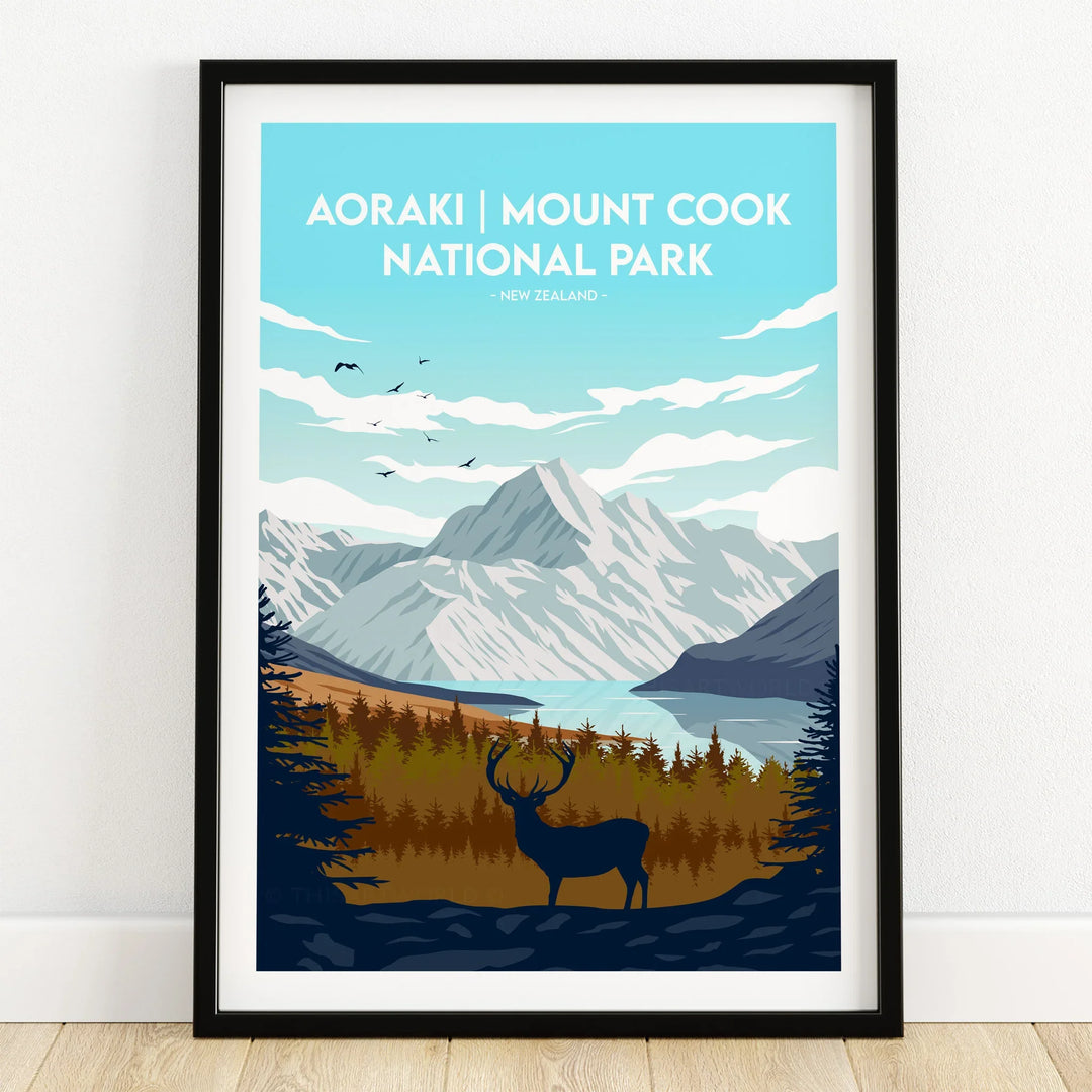 Aoraki Mount Cook National Park art print in black frame, mountain scenery with lake and deer.