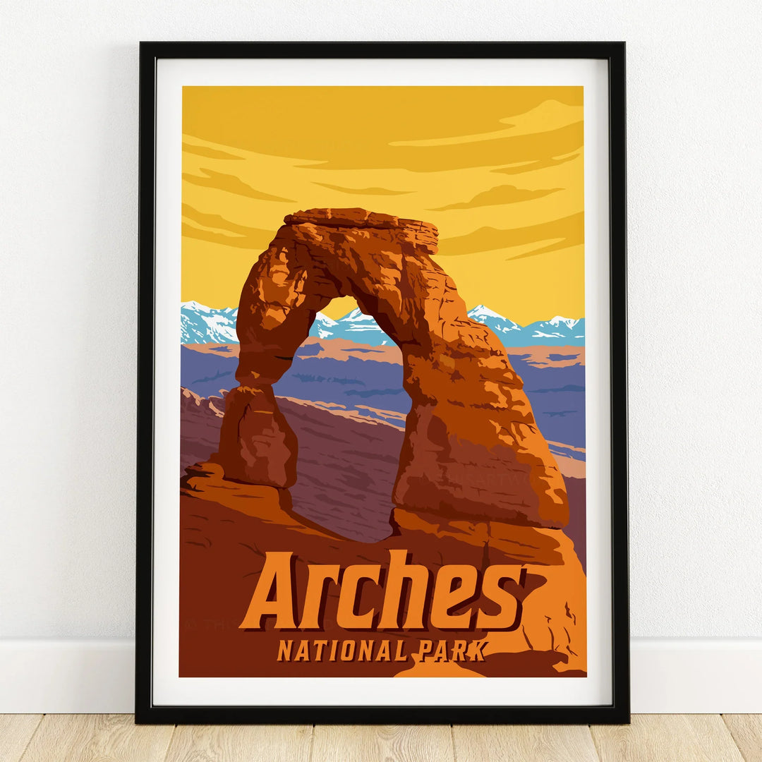 Arches National Park art print in black frame on wooden floor, canyon landscape poster