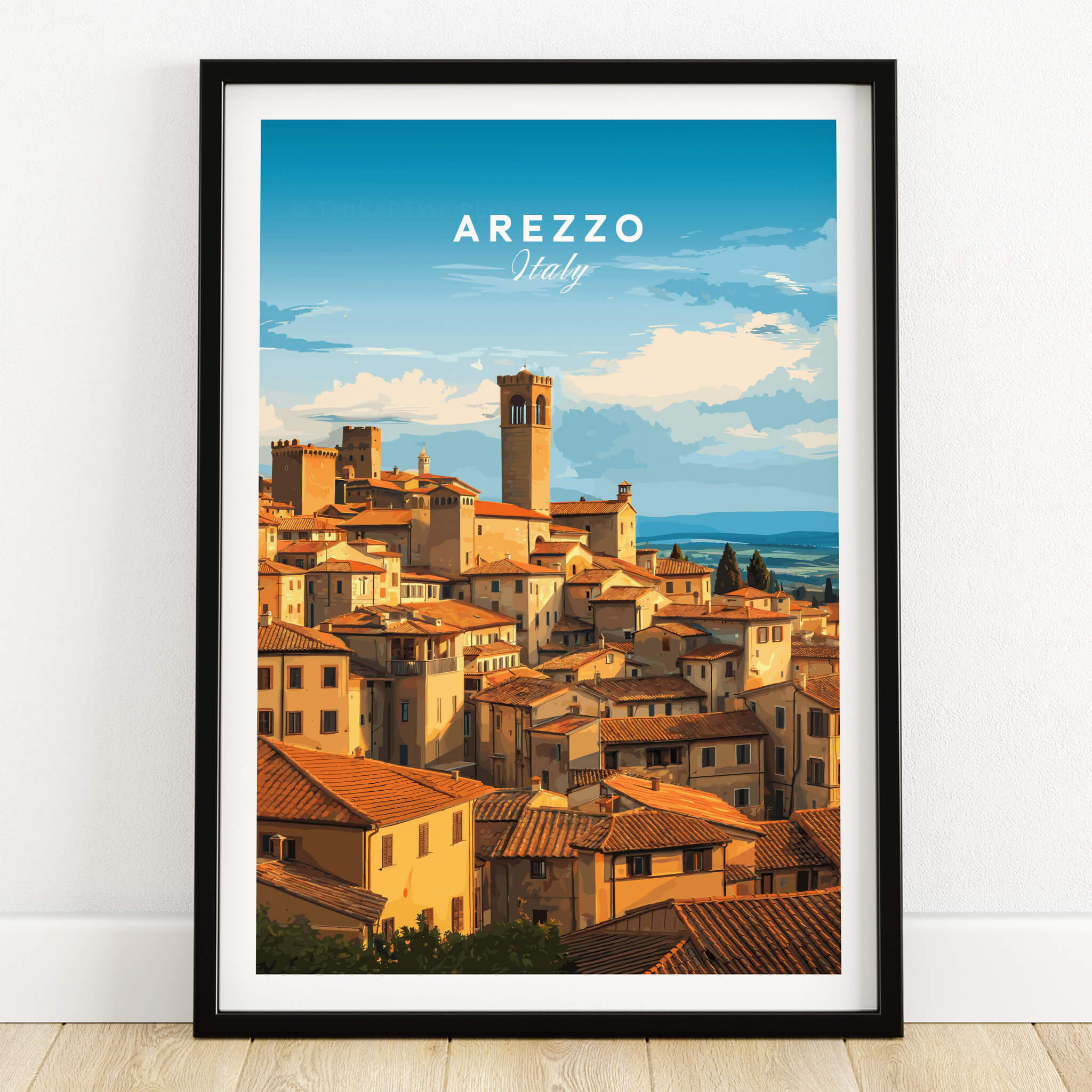 Arezzo Italy Wall Art – Tuscany Village Poster showcasing warm terracotta rooftops and medieval architecture.