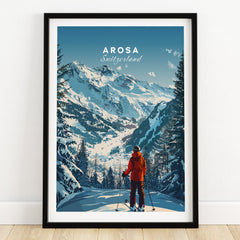 Arosa Travel Poster - Switzerland showcasing stunning snowy mountains and a skier in a red jacket.