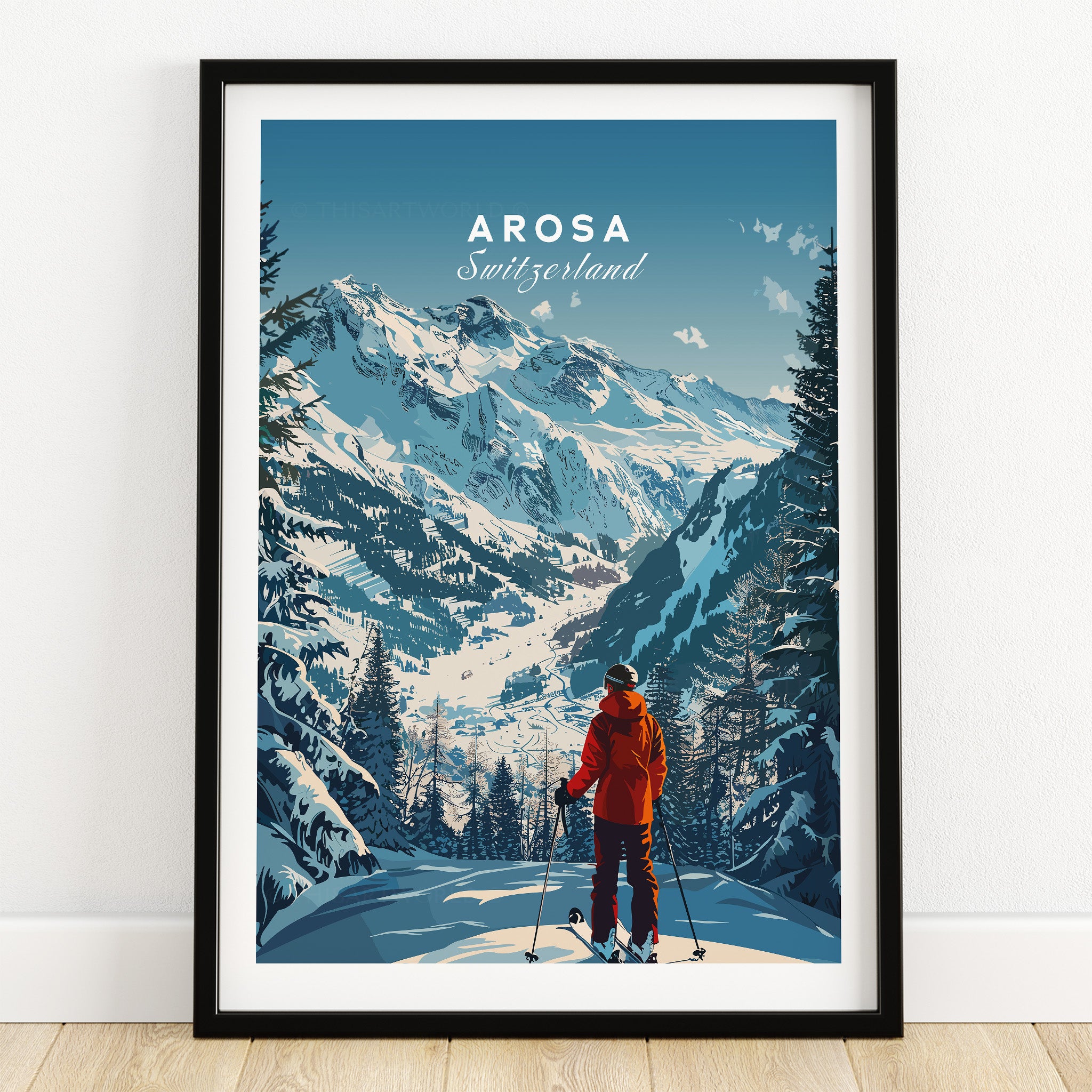 Arosa Travel Poster - Switzerland showcasing stunning snowy mountains and a skier in a red jacket.