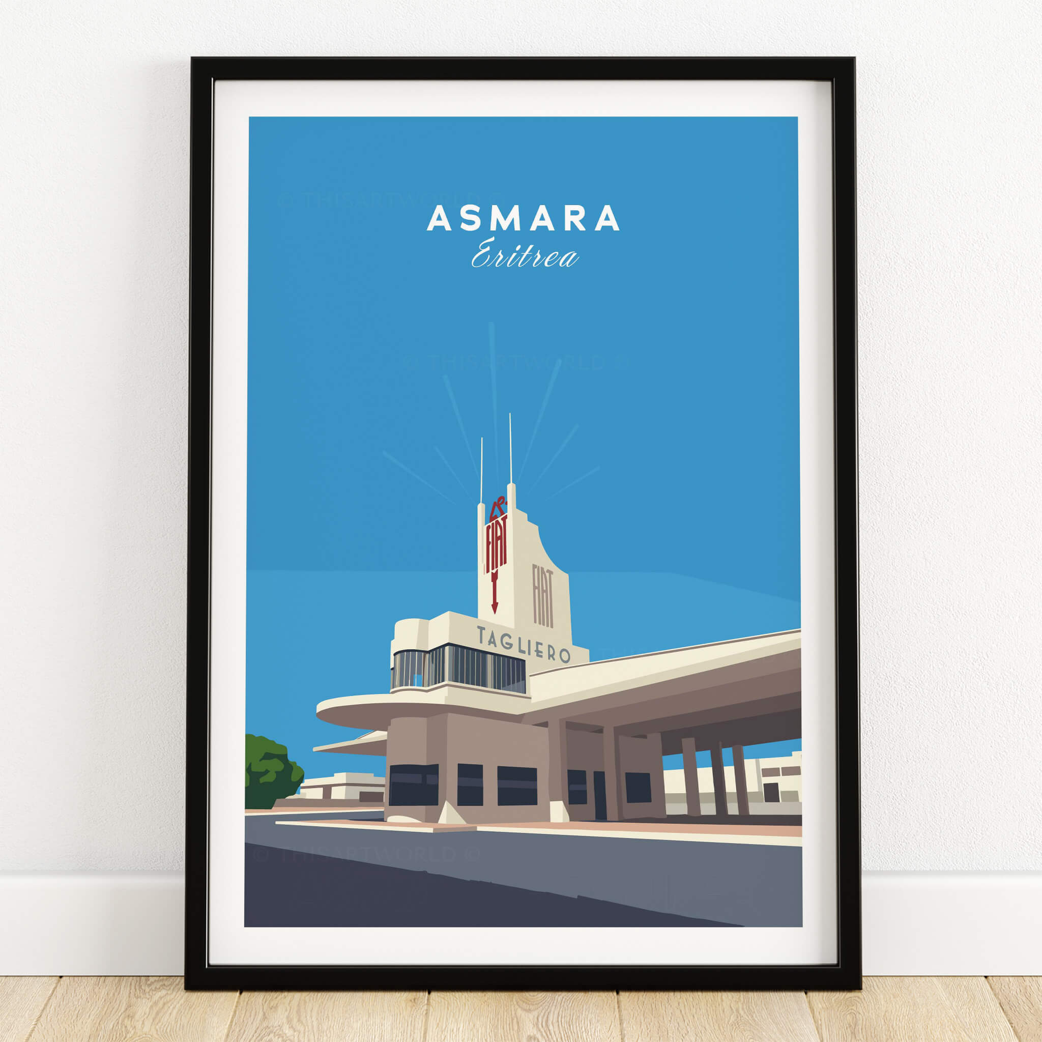 Asmara Travel Poster – Fiat Tagliero Futurist Architecture Art Print showcasing the iconic Fiat Tagliero building in Eritrea.