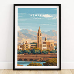 Asmara Travel Poster – Cityscape Skyline and Mountain Landscape Art Print showcasing Asmara's architecture and mountains.