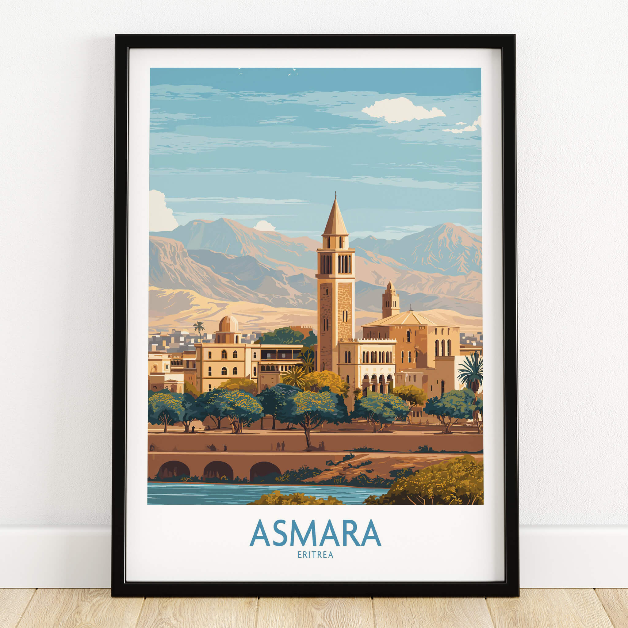 Asmara Eritrea Wall Art – Travel Poster featuring the iconic architecture and landscape of Asmara.