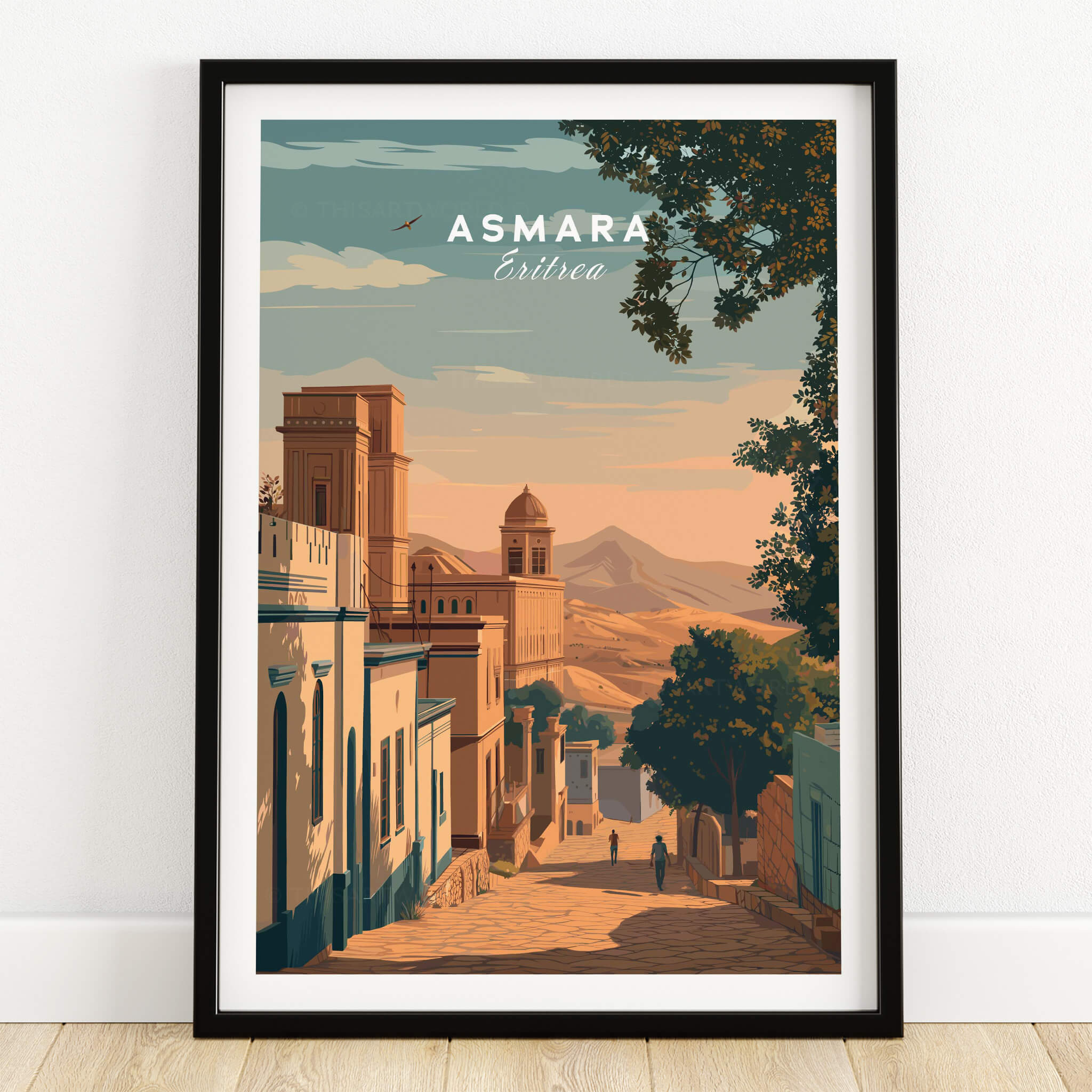 Asmara Travel Poster – Sunset Cityscape Art Print featuring a picturesque street view of Asmara, Eritrea at dusk.