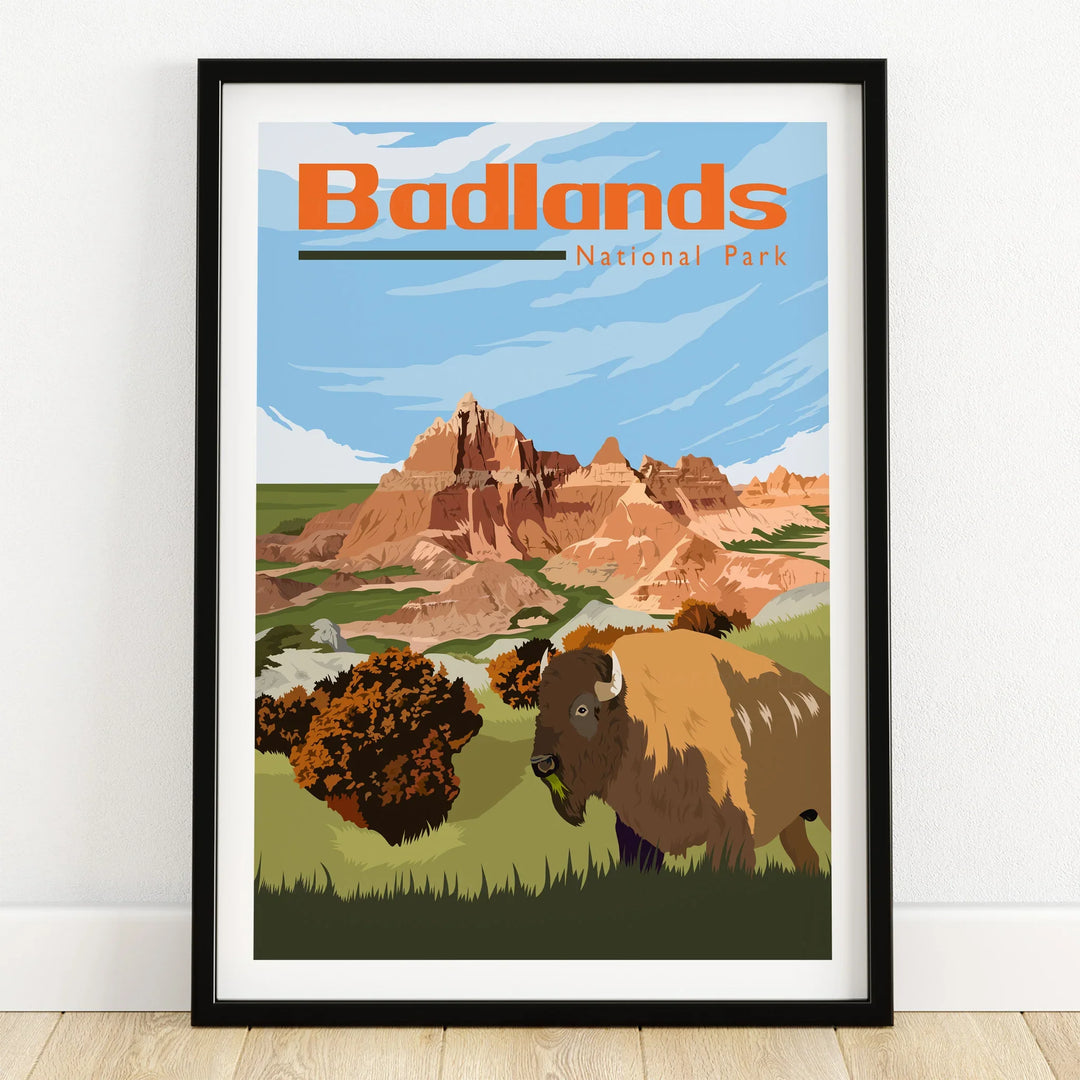 Badlands National Park art print with bison, colorful buttes, and clear sky in black frame