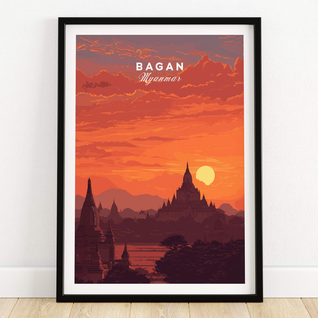 Bagan Travel Poster – Myanmar Ancient Temple Sunset Art framed print depicting sunset over ancient pagodas.