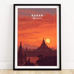 Bagan Travel Poster – Myanmar Ancient Temple Sunset Art framed print depicting sunset over ancient pagodas.