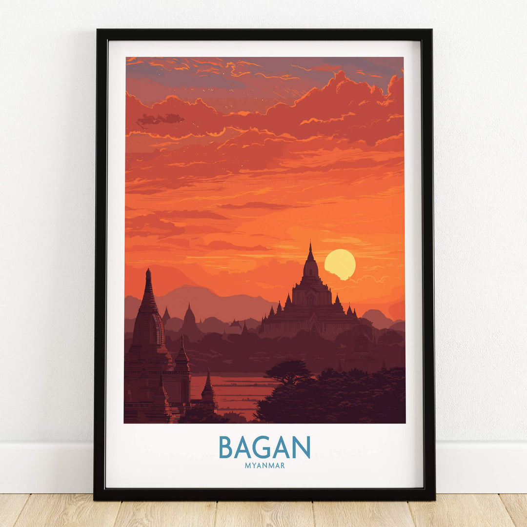 Bagan Myanmar Wall Art – Buddhist Pagoda Skyline Canvas Print framed artwork featuring a sunset over Bagan's pagodas.