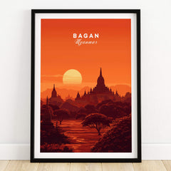 Bagan Travel Poster – Minimalist Temple Wall Art showcasing Myanmar's iconic pagodas and sunset background.