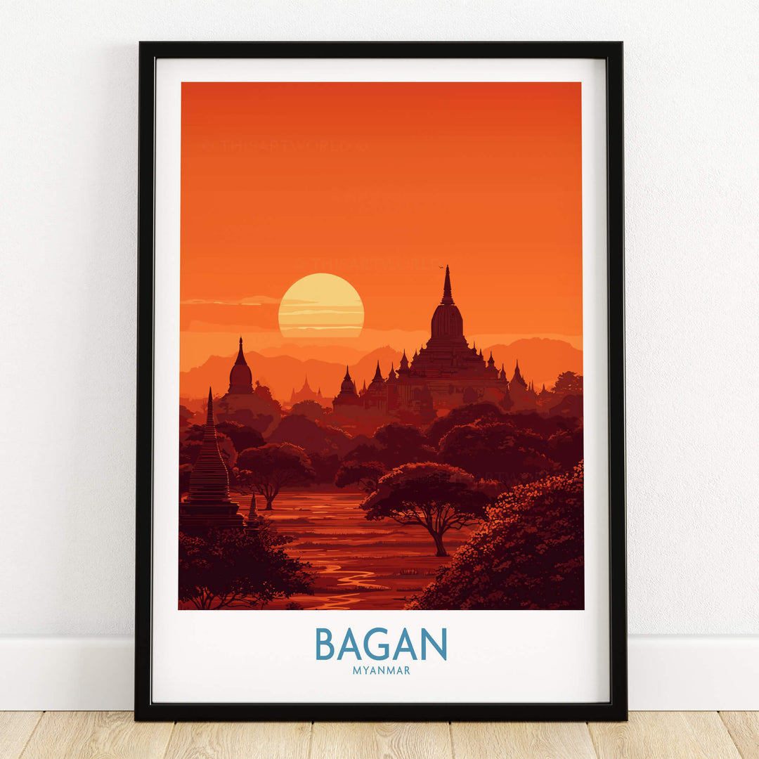 Bagan Myanmar Print – Traditional Pagoda Wall Art featuring a stunning sunset over ancient pagodas.