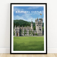 Balmoral Castle art print in black frame on wooden floor, travel poster style wall decor