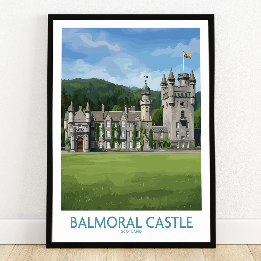 Balmoral Castle art print in black frame on wooden floor, Scotland travel poster