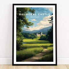 Balmoral Castle art print in black frame, scenic landscape with trees and mountains