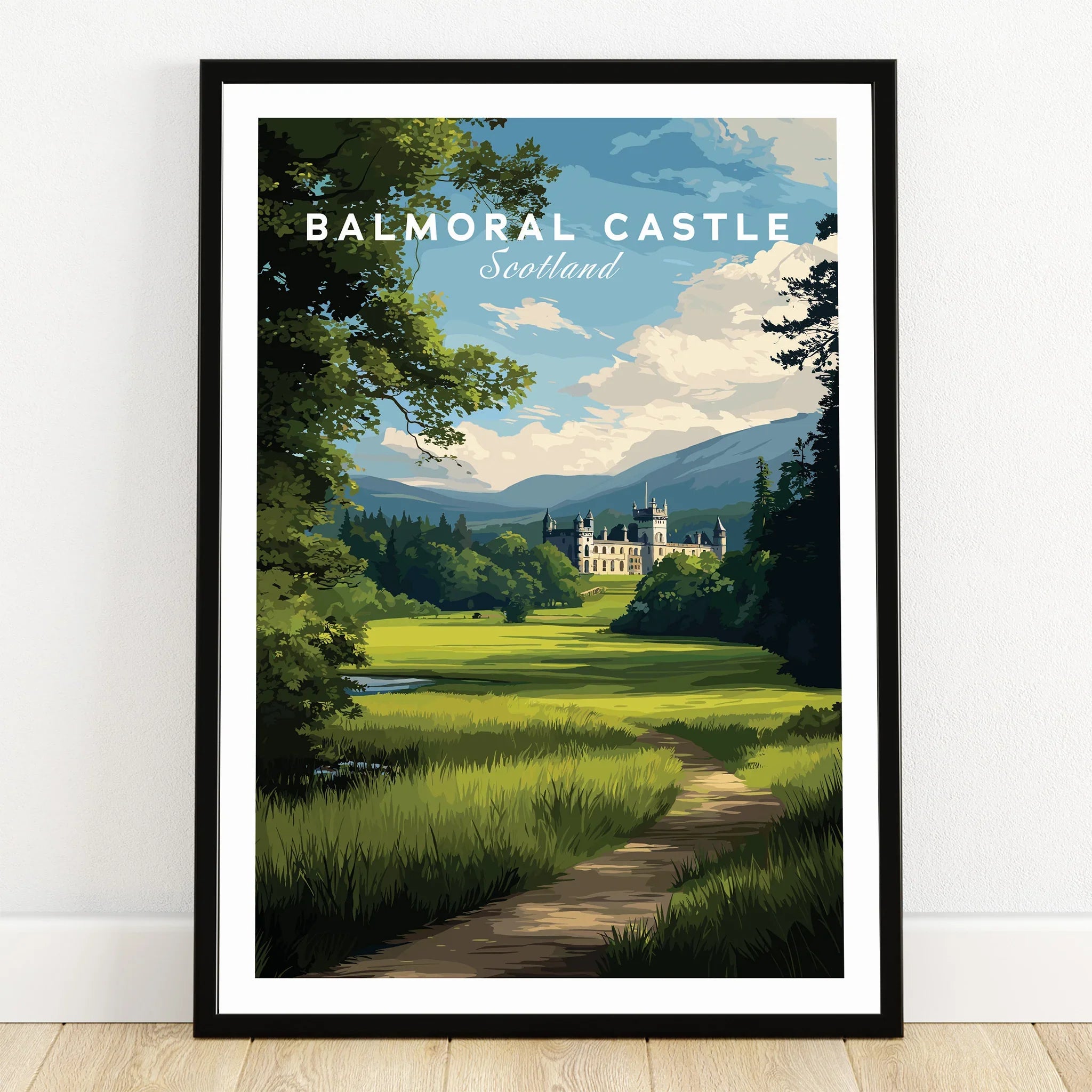 Balmoral Castle art print in black frame, scenic landscape with trees and mountains