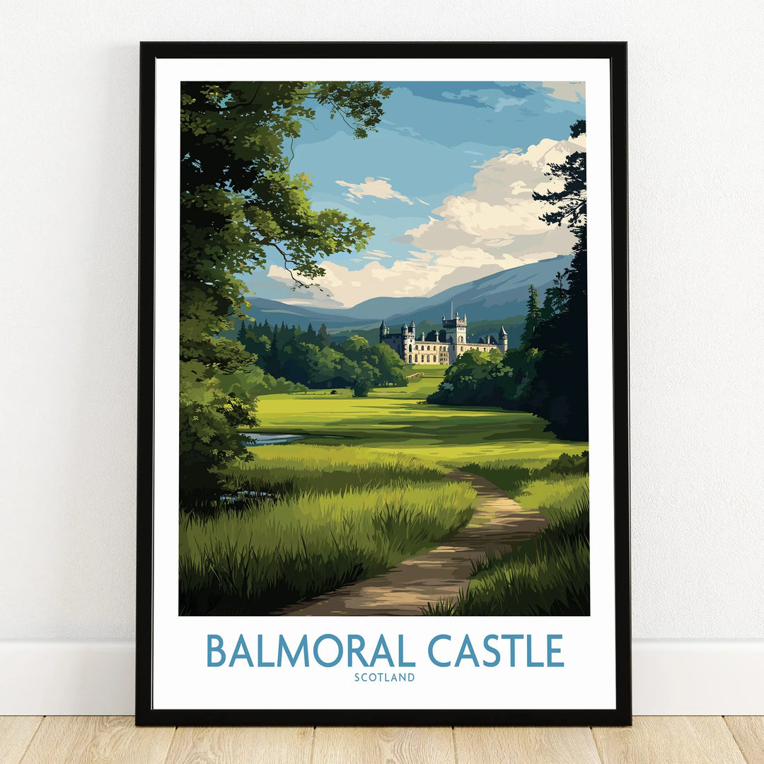 Balmoral Castle art print in black frame, scenic landscape with green fields and mountains.