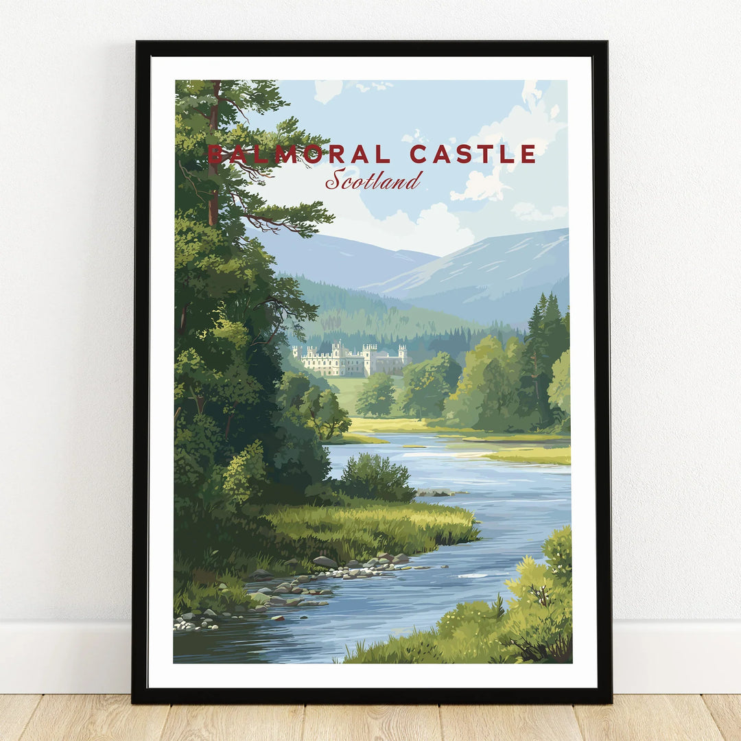 Balmoral Castle Scotland art print in black frame, landscape with forest and river.