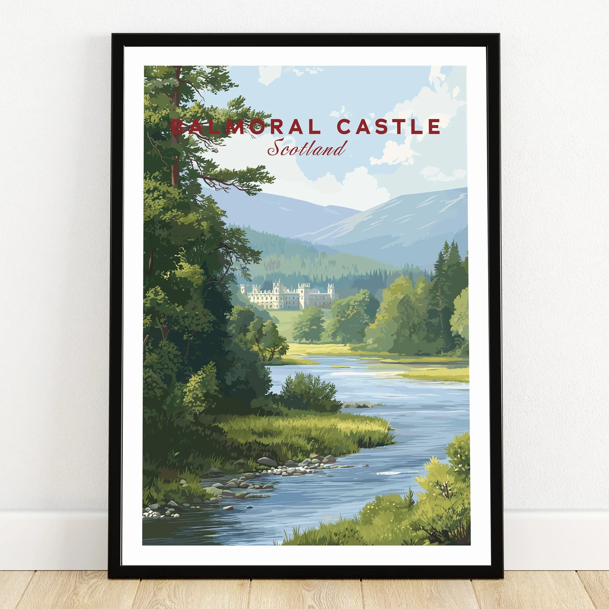 Balmoral Castle Scotland art print in black frame, landscape with forest and river.
