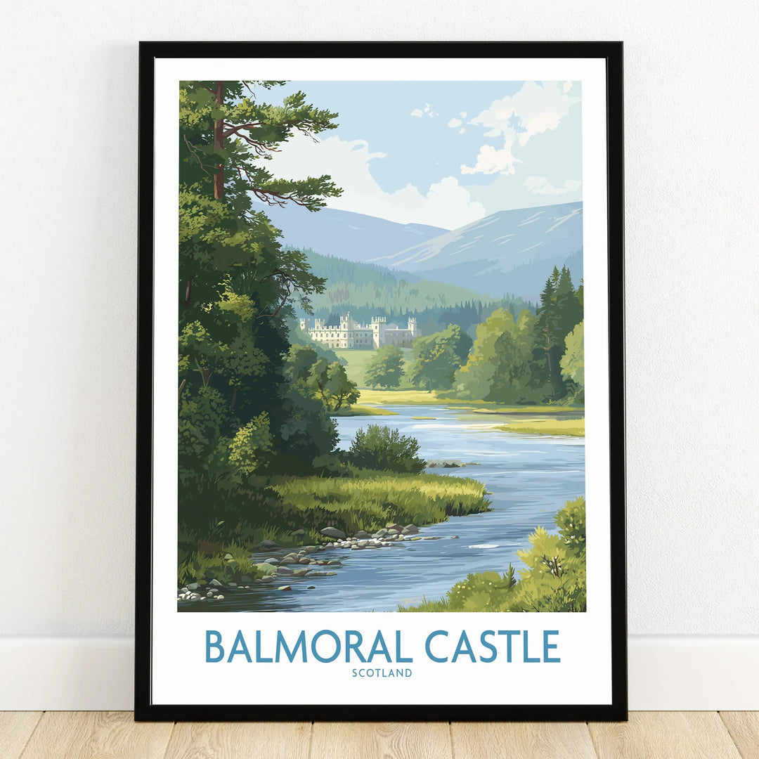 Balmoral Castle art print in black frame, river landscape, and forest, Scotland wall decor