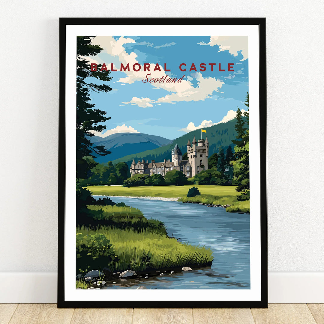 Balmoral Castle art print in black frame, scenic river and mountains landscape wall art