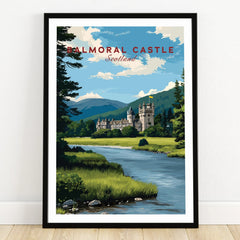 Balmoral Castle art print in black frame, scenic river and mountains landscape wall art