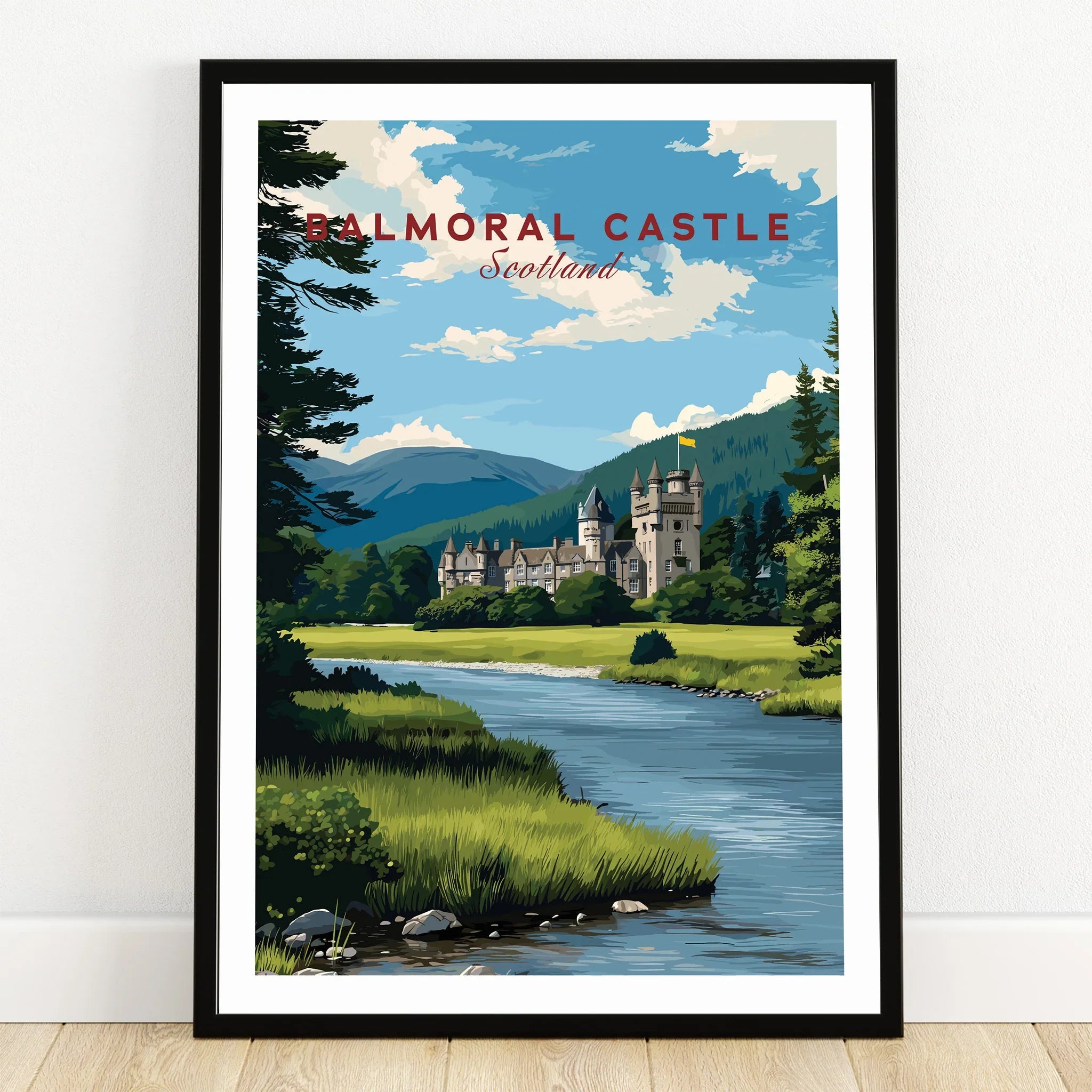 Balmoral Castle art print in black frame, scenic river and mountains landscape wall art