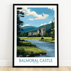 Balmoral Castle art print in black frame, landscape scenery with river and mountains.