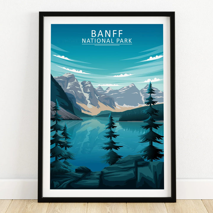 Banff National Park art print with mountains, pine trees, and blue lake in black frame